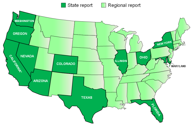 U.S. States and Regions where MoldRANGE Local Climate Reports are currently available